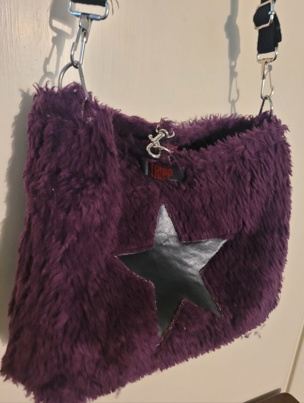 Tripp NYC Vintage Purple Star Faux-Fur Crossbody Bag Reveridable HTF Y2K - Picture 10 of 11